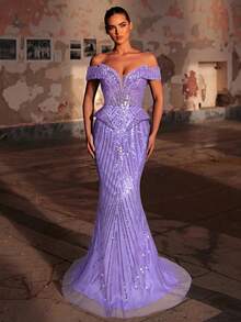 Glamrae Elegantes luxuriöses Off-Shoulder Perlen- & Pailletten-Blumen-Meerjungfrauenkleid, geeignet für Hochzeit, Party, Urlaub, Bankett (stark verziert) - Mauve - Übersicht 5