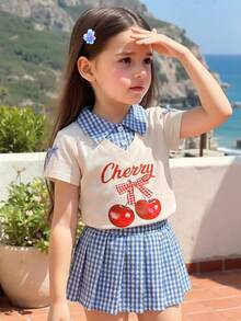 Elladie kids 2026 夏季新款柔软舒适面料时尚单品，2026 春夏新款度假旅行必备单品，女童两件套，短袖印花上衣搭配格子裙，甜美时尚的夏季休闲装扮 - 藍色 - 查看 4