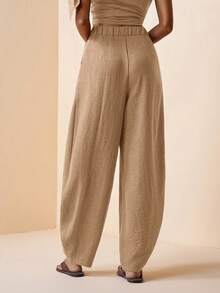 2026春夏新款音乐节、复活节、圣帕特里克节、情人节、约会、西部风、游牧风、生日派对、毕业典礼、学院风、学生装、日常穿着、百搭基础款、休闲装、度假、邮轮旅行、海滩、日光浴、爆款、街头风、婚礼宾客波西米亚风、通勤、早午餐、机场、派对、假日郊游、办公穿着、宽松抽绳松紧腰带口袋裤、亚麻褶皱棕色长裤 - 卡其色 - 查看 3