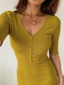 DAZY Minimalist Knit Fitted Long Dress Loungewear For Women - Olive Green - View 5