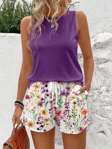 EMERY ROSE Conjunto informal de 2 piezas con estampado floral para vacaciones: shorts y top de tirantes de cuello redondo morado, adecuado para mujeres de talla grande en vacaciones de primavera/verano - Multicolor - Ver 1