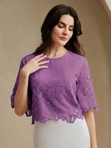 Anewsta New Vintage Sexy Embroidered Sheer Round Neck Short Sleeve Crop Top, Summer Golf White - Mauve Purple - View 5