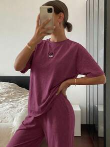 DAZY Cute Cartoon Print Raglan Sleeve Loose Pajama Set - Red Violet - View 2