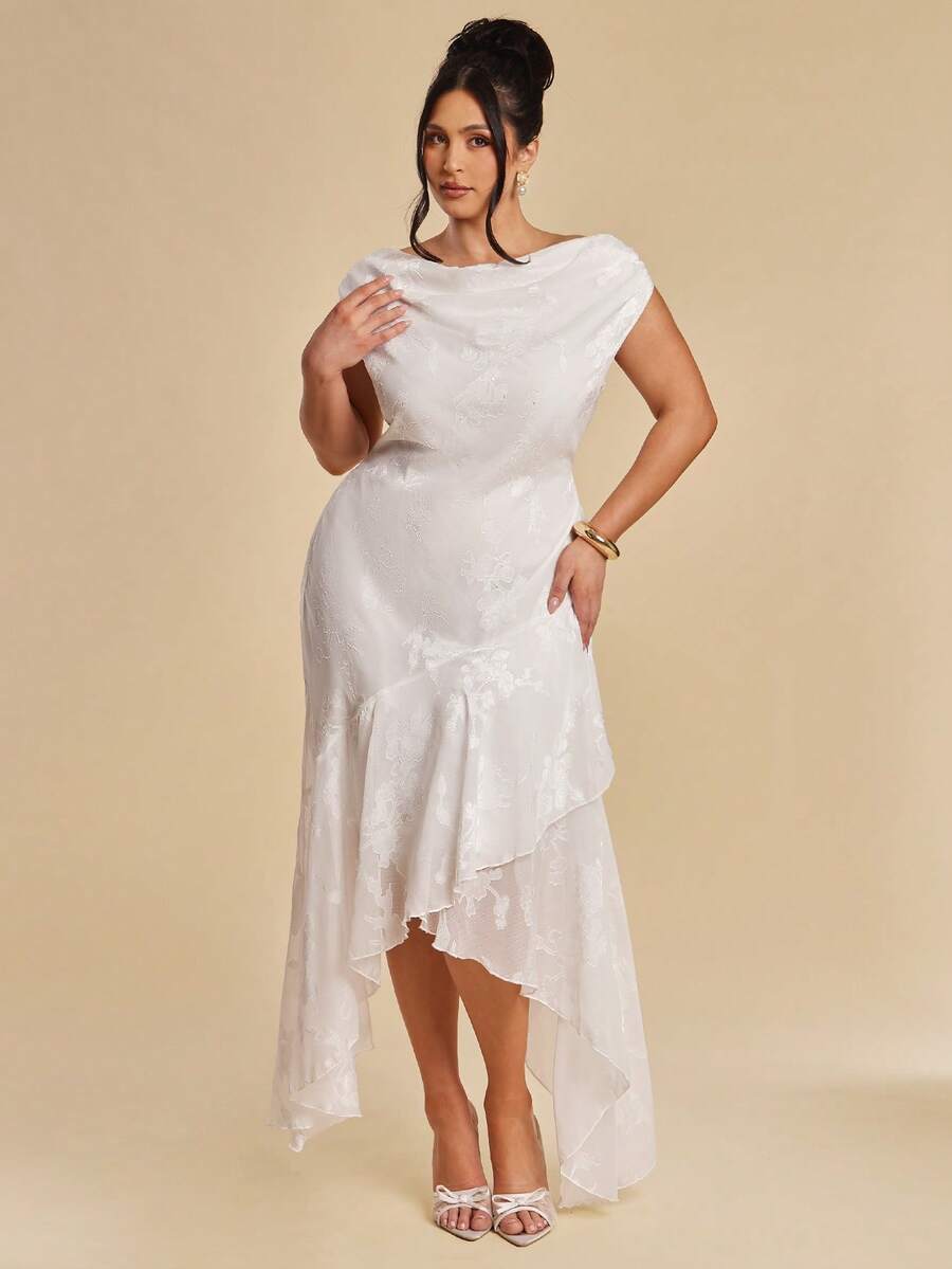 SHEIN BAE Đầm cỡ lớn màu trơn, cổ xếp ly, vạt bất đối xứng, chất liệu jacquard, eo thắt.