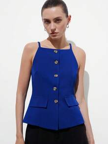 Aveloria Modichic New Arrival Elegant Off-Shoulder Button Decor Cropped Women Top - Royal Blue - View 1