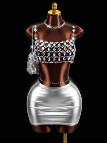 Mistrie Women's Rhinestone Sequin Camisole White Silver Sparkle Summer Techno Party Club Pool Rave Spaghetti Strap Bikini Tank Top Music Festival Y2K Sexy - Silver - View 3
