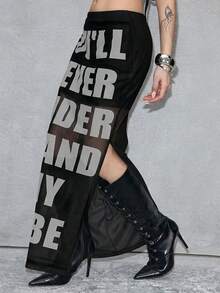 ROMWE Avant Oversized English Text Mesh Blurry Print Slim Fit Maxi Skirt - Black - View 6
