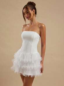 SHEIN BAE Đầm ngắn màu trắng dành cho nữ, kiểu corset, phối bèo nhún, viền ren, thích hợp mặc đi học, dự tiệc cưới, sinh nhật. - trắng - Xem 6