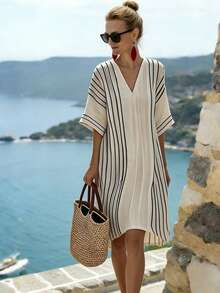 SHEIN Holidaya Đầm kẻ sọc phối màu thường ngày dành cho nữ - Màu be - Xem 5