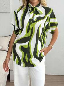 Louniche 优雅女士高领绿色波浪条纹休闲日常上衣，舒适时尚，袖口开衩，百搭时尚衬衫 - 綠色 - 查看 3