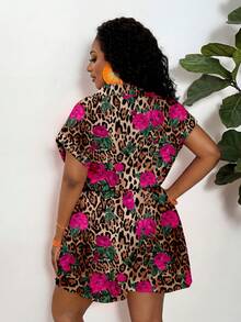 Slaydiva Plus Size Women Leopard & Floral Print Casual Everyday Romper - Multicolor - View 2