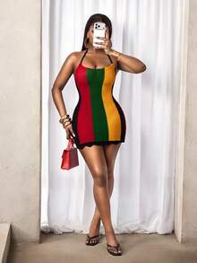 BamGleam 女士针织吊带低胸毛衣连衣裙，红、黑、黄、绿多色可选，蕾丝短裙，修身性感，适合度假、休闲派对穿着，春、秋、夏、冬四季皆宜。 - 彩色 - 查看 4