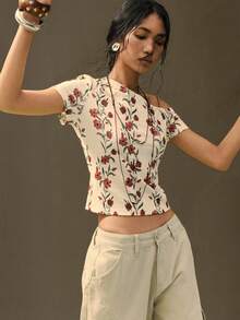 SoleilVie Women's Casual Floral Print Asymmetrical Shoulder Crop Top, Summer - Multicolor - View 3