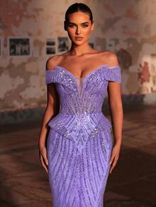 Glamrae Elegantes luxuriöses Off-Shoulder Perlen- & Pailletten-Blumen-Meerjungfrauenkleid, geeignet für Hochzeit, Party, Urlaub, Bankett (stark verziert) - Mauve - Übersicht 1