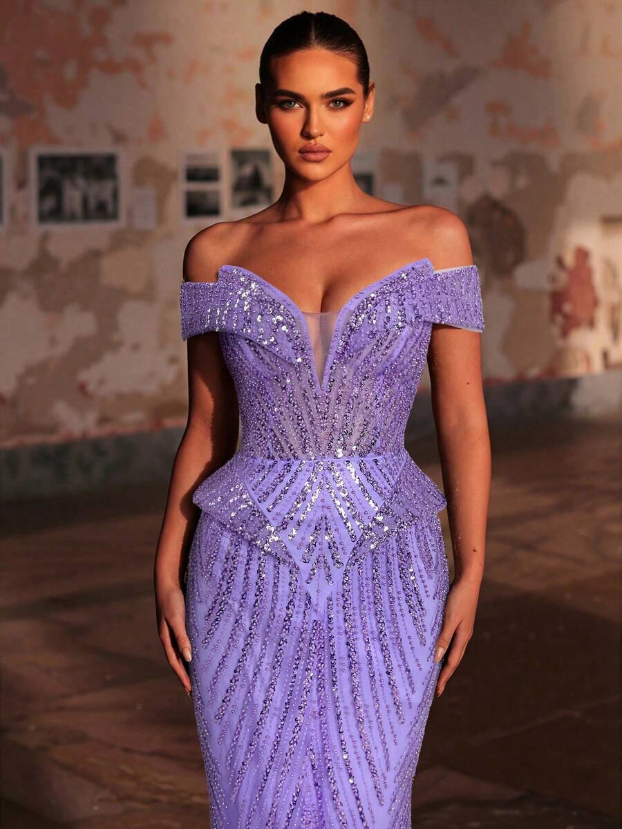Glamrae Elegantes luxuriöses Off-Shoulder Perlen- & Pailletten-Blumen-Meerjungfrauenkleid, geeignet für Hochzeit, Party, Urlaub, Bankett (stark verziert) - Mauve - Übersicht 1
