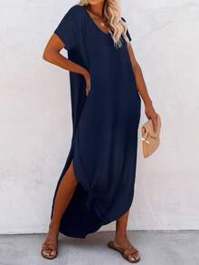 EMERY ROSE Women's Casual Solid Color Curved Hem Short Sleeve Mini Dress, Summer - Navy Blue - View 5