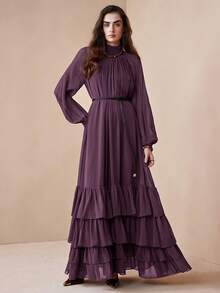 Arave Women's Elegant Loose Fit Long Chiffon Dress With Stand Collar And Layered Ruffle Hem, Suitable For Dates - Purple - View 8