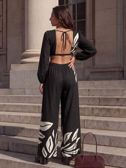 CAJUNI Vacation Casual Floral Print Backless Jumpsuit