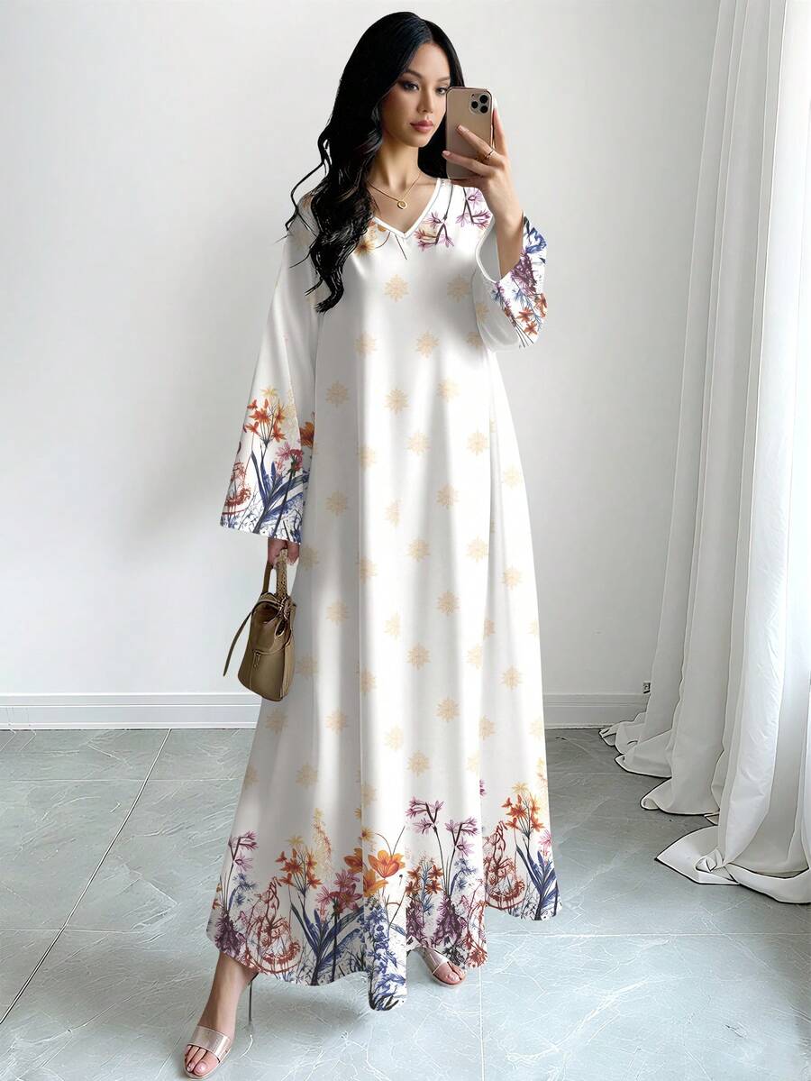 SHEIN Najma 复古碎花长裙，V领长袖碎花连衣裙，优雅白色长裙，春夏款 - 彩色 - 查看 1