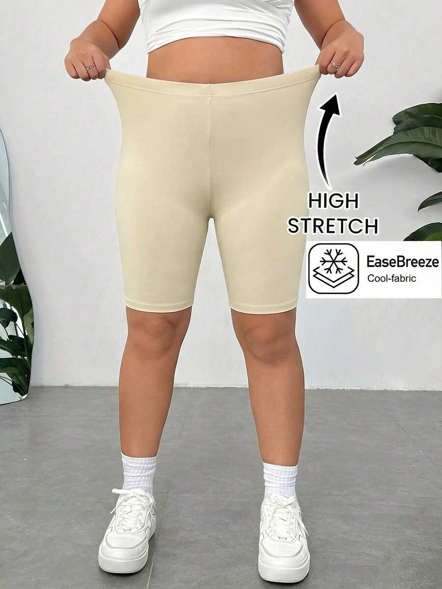 SHEIN EZwear Khaki Plus Size Skinny Shorts - Khaki - View 1