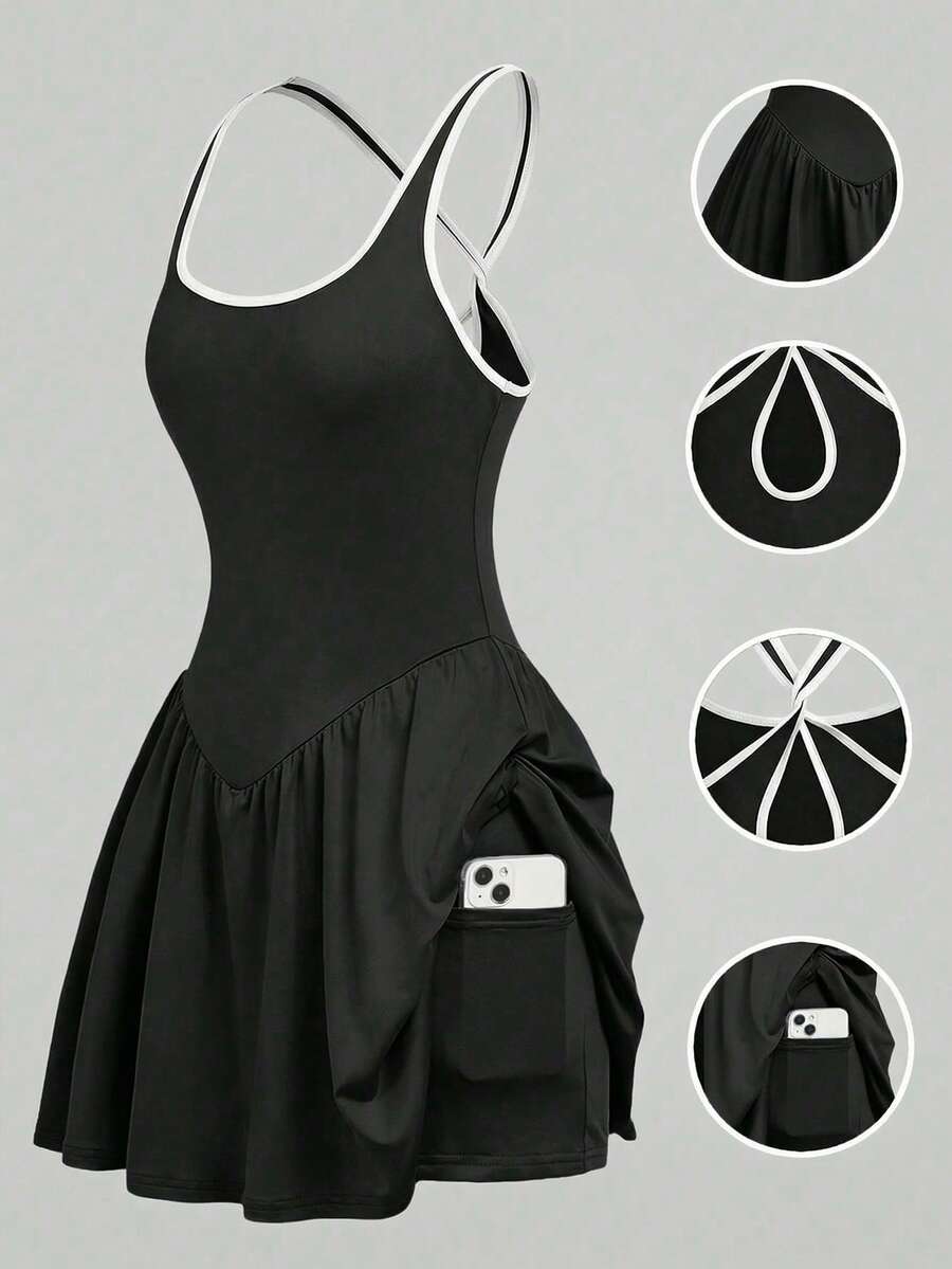 SHEIN Girlism Tween Girls' Casual Sports Contrast Color Criss-Cross Racerback Dress,Kids - Black and White - View 1