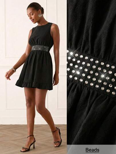 Lilora Women's Elegant Sleeveless Pure Cotton Rhinestone Embellished Short Dress Sleeveless Dress Women Dress Dress With Embellished Waist Black Dress This Sophisticated, Stylish, Versatile, And Elegant Dress Is Suitable For Commuting, Everyday Wear, Casual Outings, Parties, Dates, Gatherings, Leisure Activities, Picnics, Holidays, Vacations, Summer Outings, And Holiday Travel.