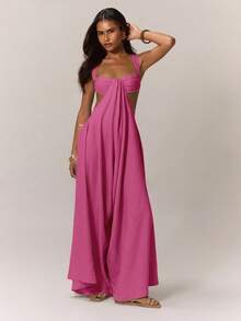 MUSERA Ruched Bust Extreme Wide Leg Jumpsuit Summer Vacation Boho Summer Vacation Wear Holiday Wedding Guest Western Date Night Elegant Wedding Party - Pink - View 3