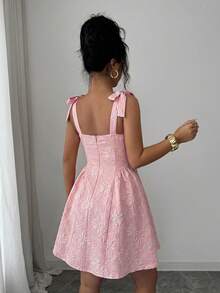 SHEIN Elenzya 女士箔面纹理面料腰部束带露肩短款A字迷你连衣裙，春夏度假派对 - 粉色 - 查看 2