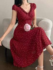 DAZY Ditsy Floral Ruffle Hem Waist Cinched Long Women Nightgown - Burgundy - View 2