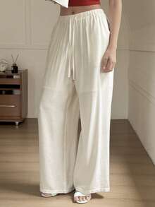 Livesso Women's Casual Solid Color Drawstring Waist Long Pants Summer - White - View 1