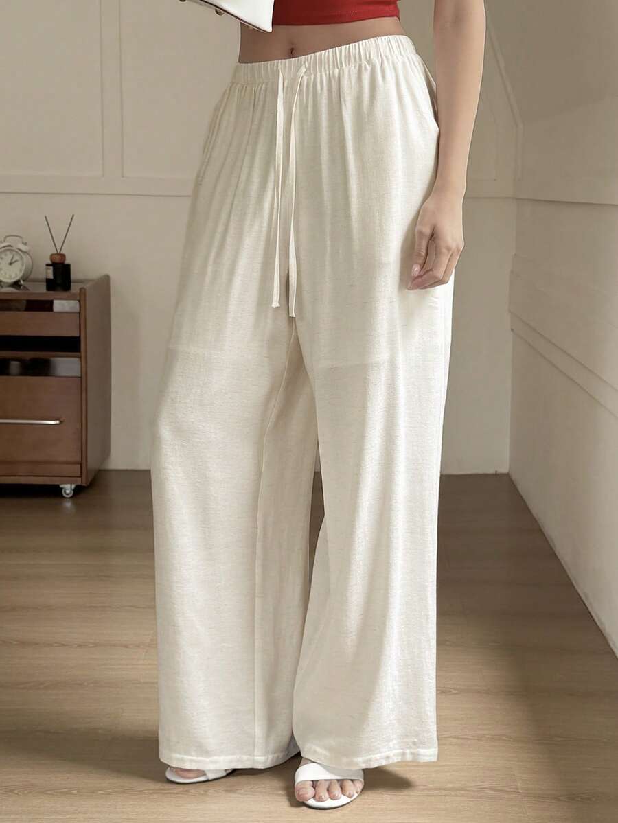 Livesso Women's Casual Solid Color Drawstring Waist Long Pants Summer - White - View 1
