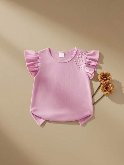 SHEIN Áo thun không tay đính hạt cườm thời trang thường ngày cho bé gái, thích hợp mặc mùa hè.