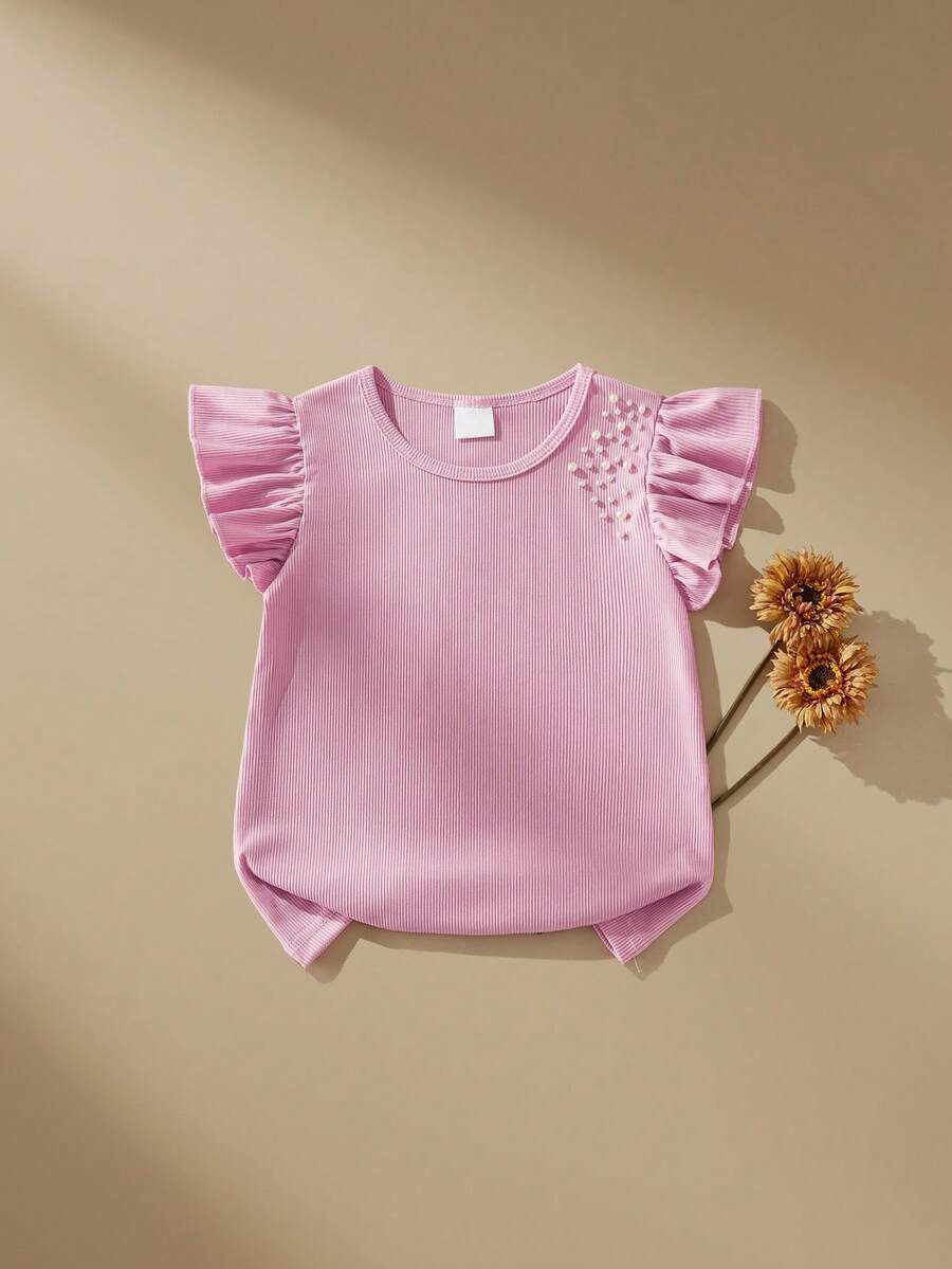 SHEIN Girls Sleeveless Beaded Design Fashionable Casual T-Shirt, Summer - Pink - View 1