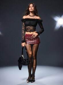 ROMWE Avant Holiday Party Sexy Metallic Studded Super Low-Rise Mini Shorts - Burgundy - View 2