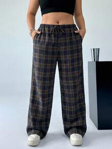 Muchica Plus Size Plaid Casual Everyday Pants - Brown - View 3