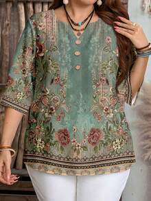 EMERY ROSE Women's Casual Minimalist Green Paisley Floral Placement Print 3/4 Sleeve Shirt, Suitable For Spring And Summer - Multicolor - View 3