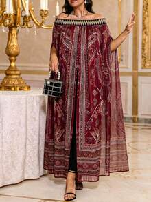 EMERY ROSE Plus Size Women's Off-Shoulder Floral Print Elastic Waist Loose Kaftan Maxi Dress,Navy Summer Boho Vacation Holiday Mediterranean Greece Outfits - Burgundy - View 5