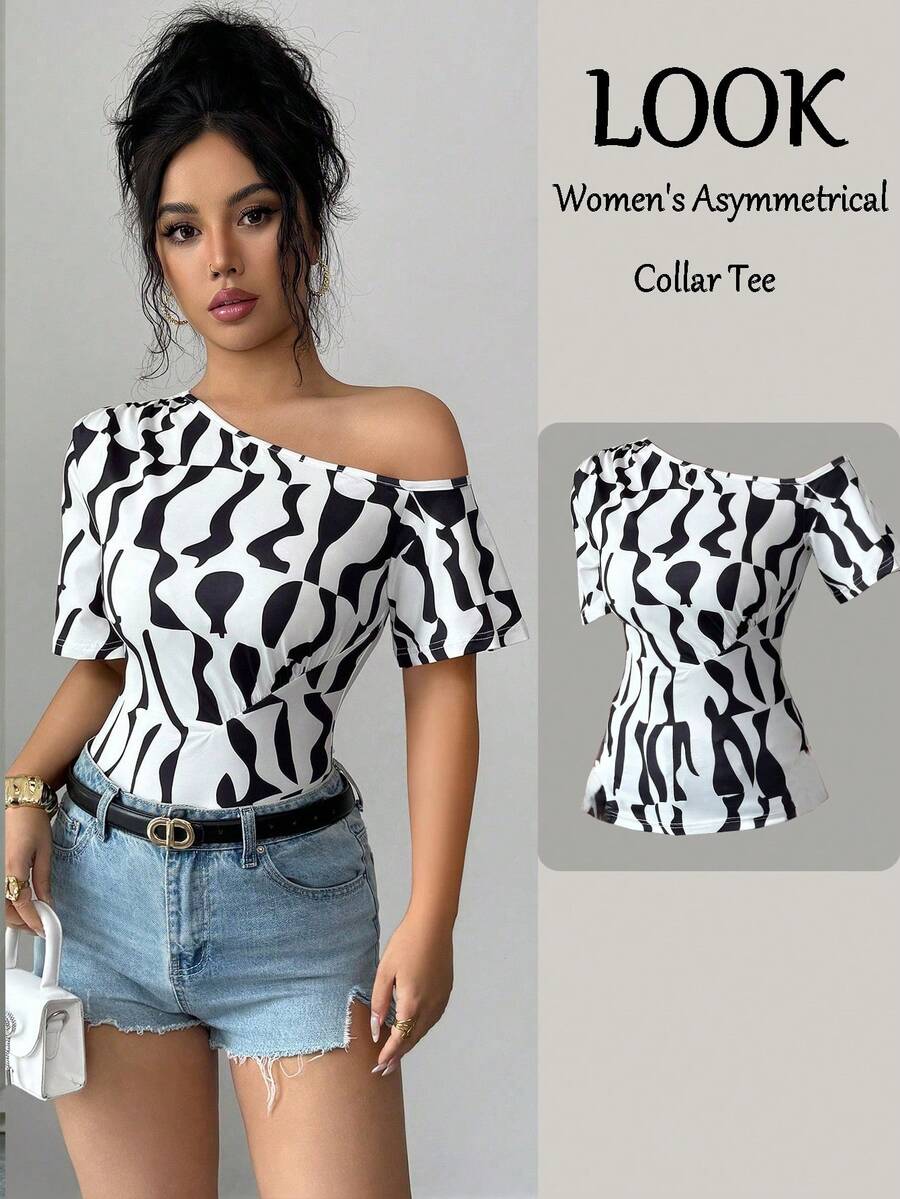 Elenzga Áo thun nữ thanh lịch họa tiết da báo, cổ lệch, tay loe ôm sát, thích hợp cho mùa xuân/hè. - Đen và trắng - Xem 1