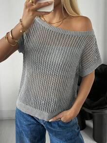 SHEIN EZwear 女士灰色露肩针织衫，夏季 - 灰色 - 查看 3