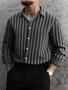 Manfinity CasualCool 男士复古棕白条纹休闲长袖衬衫，秋季款 - 黑色 - 查看 7