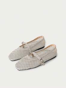 Nöista Silver Woven Mary Jane Exquisite Mesh Design Adjustable Buckle Comfortable Fashion Casual Suitable For Spring Activities Summer Comfortable Breathable Flat Shoes - Silver - View 3