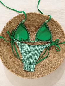 Swim Mod Women's Summer Beach Plaid Halter Tie Sexy Bikini And Triangle Panty Swimsuit Set Bikinis Set For Women Women's Bikini Sets Bikini Set For Women Green Gingham Bikini - Multicolor - View 2