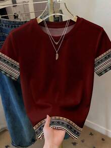 EMERY ROSE 休闲简约几何圆领宽松女式T恤 西部风T恤 女式短袖上衣 红色，休闲 - 彩色 - 查看 4