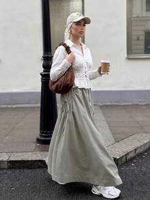 Solavon Sage Green Drawstring Elastic Waist A-Line Maxi Skirt For Women,Minimalist Modest Flowy Solid Color Pocket Casual Long Skirt For Autumn City Break - Green - View 6