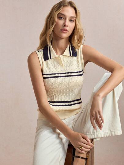 BizChic Áo dệt kim không tay trễ vai cổ polo kiểu dáng mới mùa Xuân/Hè, phối sọc tương phản, phù hợp cho nhiều dịp: Công sở phong cách Y2K, trang trọng, thanh lịch khi đi làm, thường ngày, lãng mạn, retro thập niên 90, váy dự tiệc nữ, lễ tốt nghiệp, đa năng, đơn giản, khách dự đám cưới, phù dâu, chủ nhà, đi chơi, giao lưu, hẹn hò, tiệc tùng, hòa nhạc, biểu diễn sân khấu, lễ tốt nghiệp, bữa trưa muộn, tiệc trà, sân bay.