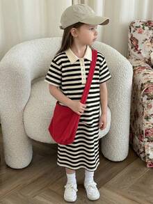 Dazy Kids Tween Girls Striped Collared Short Sleeve Knit Dress, Plus Size Children Clothing For Summer,Back To School Clothes - Black and White - View 2