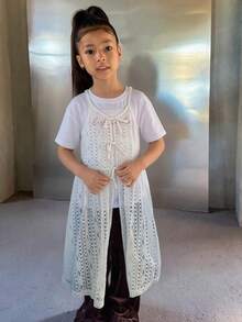 Dazy Kids Tween Girls' Summer Casual Solid Color Hollow Out Knit Camisole - White - View 3