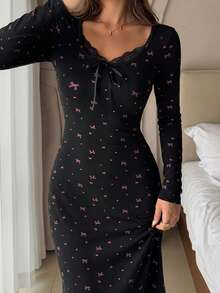 DAZY Women's Long Nightgown With Bow Pattern, Colorblock Lace Patchwork, Waist Cinched, Autumn/Winter - Black - View 4