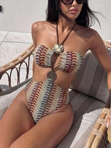 Swim Vcay 春夏针织提花无钢圈露背高衩连体泳衣，适合海滩度假旅行 - 彩色 - 查看 3