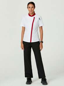 TaskEZ Uniforme de chef de manga corta con ribete de contraste, uniforme minimalista - Rojo y blanco - Ver 3